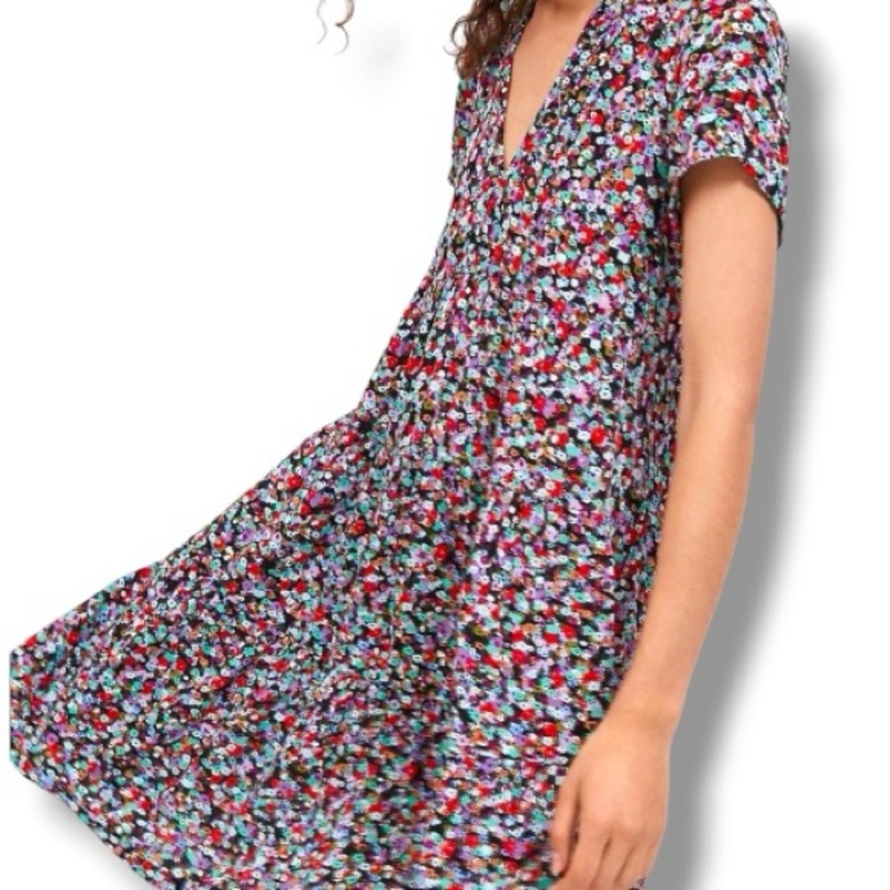 Anthropologie Floral Short-Sleeve V-Neck Dress in Red, Blue, Green